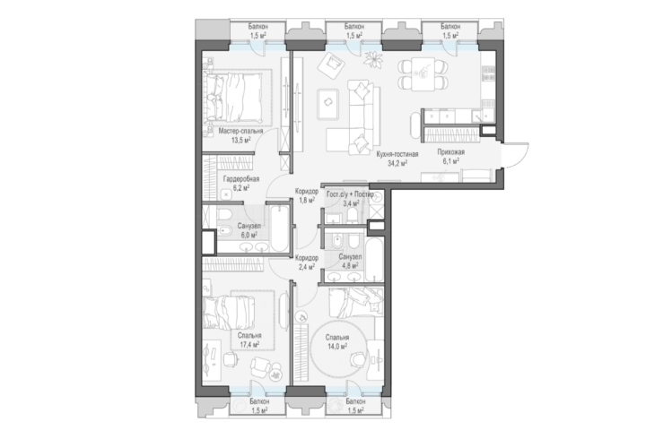 4-room apartment 114 m 2 , 2 этаж — Квартал «Тишинский бульвар»